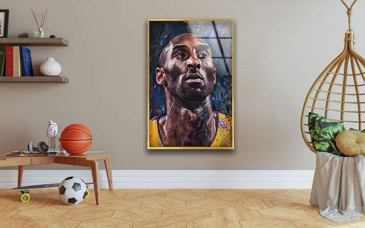 Contemporary basketball artwork on glass featuring a close-up athlete expression.