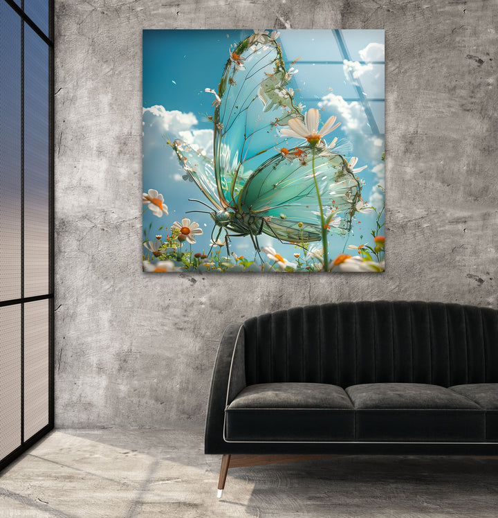 Spring Flowers And Butterfly Glass Wall Art custom glass photo prints, large glass prints

