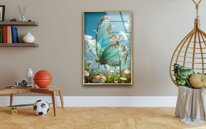 Spring Flowers And Butterfly Glass Wall Art custom glass pictures, glass art prints
