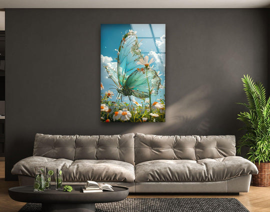 The spring flowers and butterfly glass wall art features a unique modern wall decor with clean, finished edges.