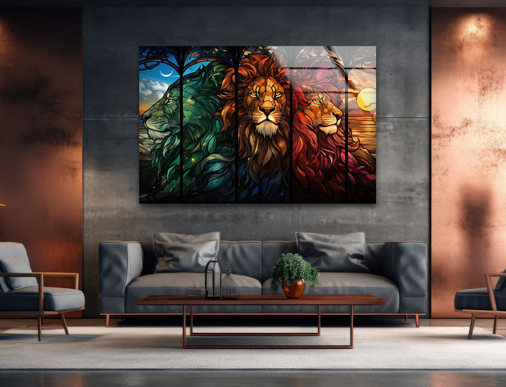 Stained Majestic Lions Glass Wall Art large glass photo prints, glass wall photos
