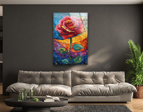 A mosaic red flower glass wall art boasts a warm, vibrant color temperature, perfect for home decoration.
