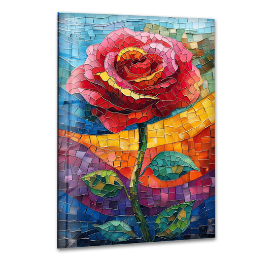 Sunlight plays across a red rose mosaic, casting deep shadows within the textured glass, an eye-catching piece of hanging wall art.