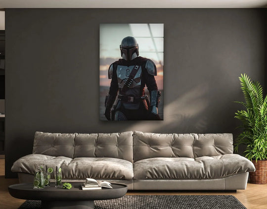 Highlighting the abstract quality, the armored warrior blends into the sunset in this piece of best glass art, a modern wall decor image.