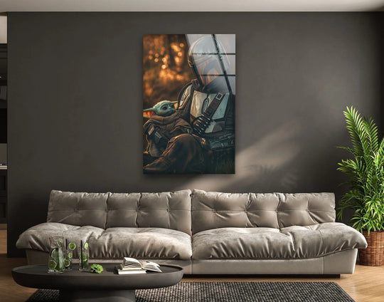 Reflective finish highlighting the tempered glass art painting enhances the armored guardian with small companion glass wall art.