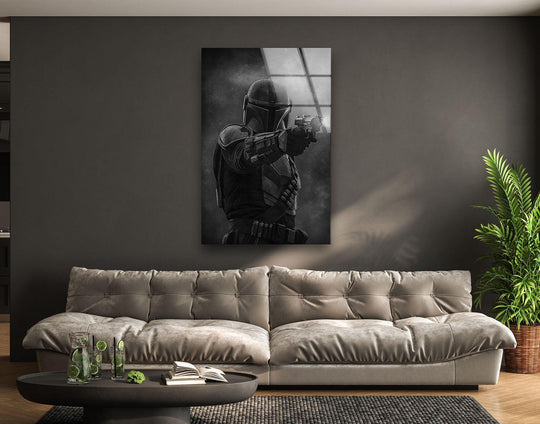 Dominating the scene, the Dark Armored Guardian glass wall art commands attention, offering striking home decoration with a cinematic display.