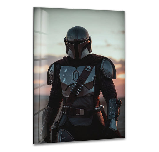 Warm sunset light contrasts with the warrior's armor in this cinematic glass art print, a modern glass art decor piece for contemporary interiors.