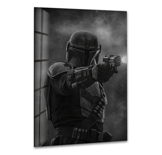 Monochromatic dark armored guardian glass wall art displays cool color temperatures contrasted with a bright blast, enhancing the modern home decoration.