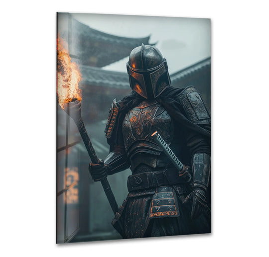 Showcasing the layering effect of the armored warrior and torch against a blurred backdrop creates depth in this cinematic glass wall art home decoration.
