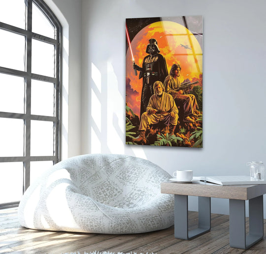 Vertical rectangle, retro space warriors glass wall art offers a unique home decoration with its vintage sci fi poster design.