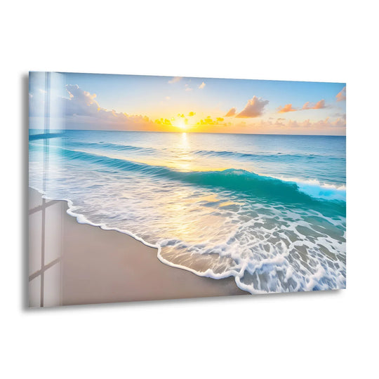 Showing the realistic detail of a serene shoreline at sunset in this ocean glass print wall art, with golden light shimmering on the turquoise surf.