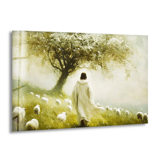Showing the layering effect, this peaceful Christian glass wall art presents depth through the figures and the use of light, adding unique home decor to any space.