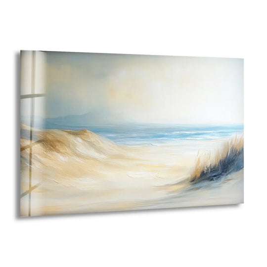 Gentle pastel hues define the softest element of this coastal dunes glass wall artwork, evoking the serene whispers of the dunes.