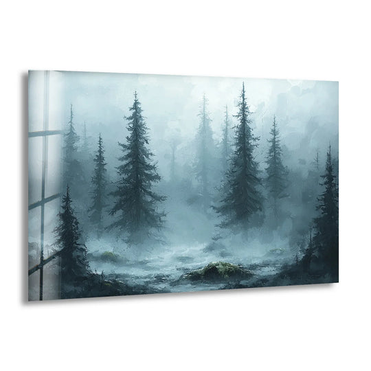 Foreground details show moss-covered rocks and the base of evergreen trees, bringing depth to this enchanted forest landscape hanging wall art on glass.