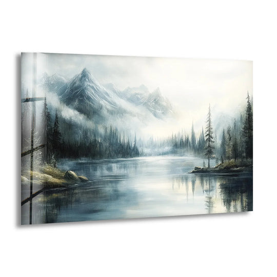 Evoking the abstract quality of nature, this misty mountain lake glass wall art is a striking piece of unique modern wall decor.