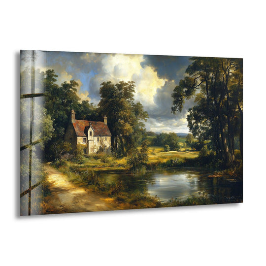 Soft clouds create a serene backdrop in this cottage by the pond vintage countryside landscape best glass art, reflecting gently in the water.