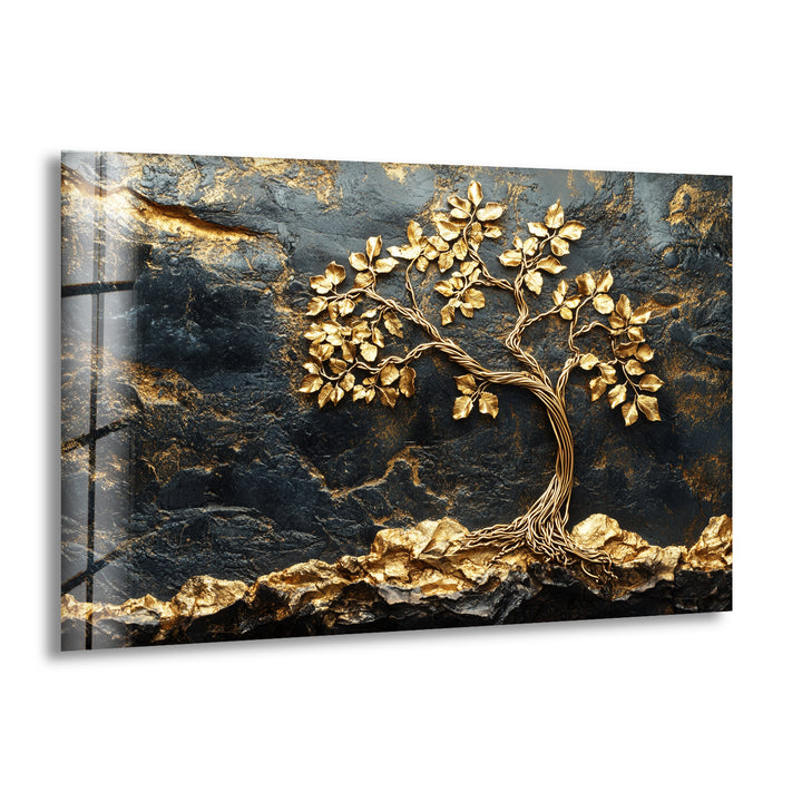 Golden Roots Tree – Strukturierte Luxus-Wandkunst aus Glas