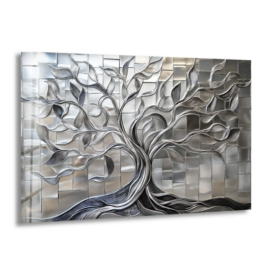 The textured Radiant Silver Tree design, rendered in geometric tiles on glass, creates a sense of flowing movement in this piece of best glass art.