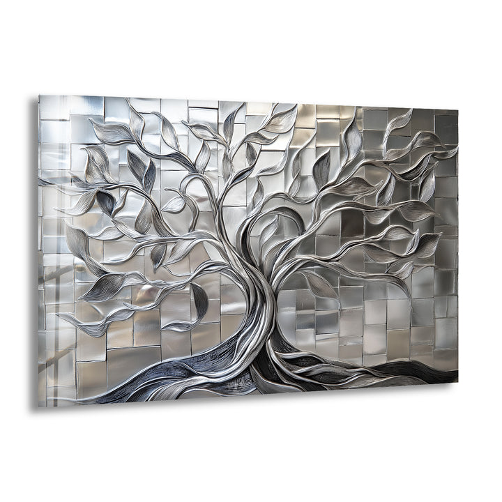 Radiant Silver Tree – Geometric Tile Design Glass Wall Art