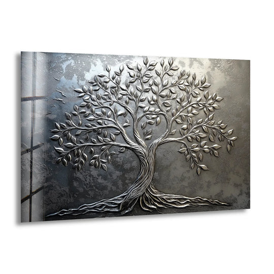 Striking color contrast highlights the sculpted silver tree of life against the textured metallic background in this elegant tempered glass wall art.