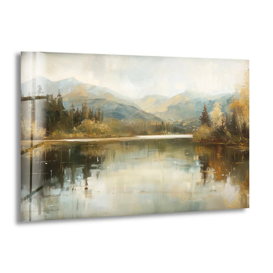 Reflections shimmer in the foreground detail of this tranquil mountain lake scene, a high-definition art from glass accent for nature-inspired décor.