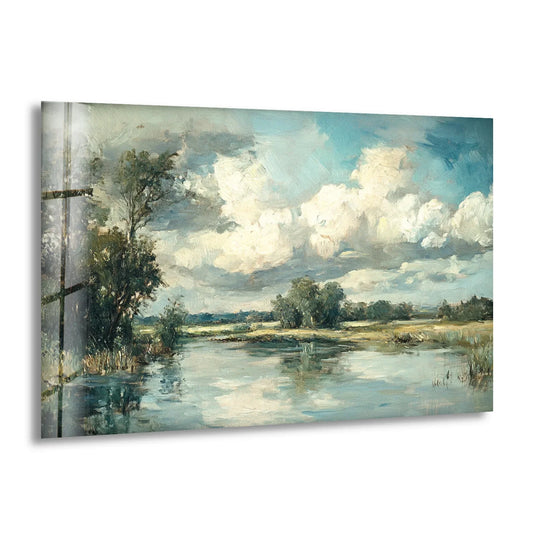 Visual rhythm is established in this tranquil countryside river landscape glass wall art through a repeating pattern of trees and clouds reflected in the water, enhanced by tempered glass wall art.