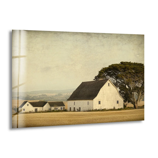 Highlighting the abstract quality, the vintage countryside barn rustic farmstead charm is portrayed through softened lines creating a serene print wall art in the golden field.