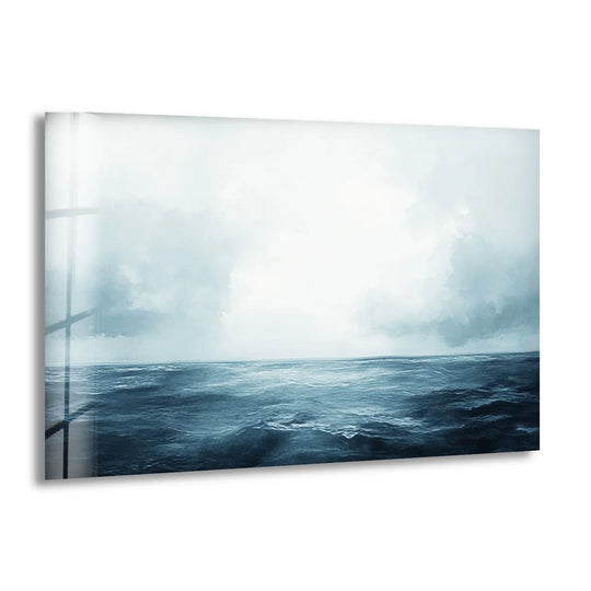 The stillness of the endless blue horizon is captured in this minimalist ocean and sky glass wall art prints, evoking a sense of peace.