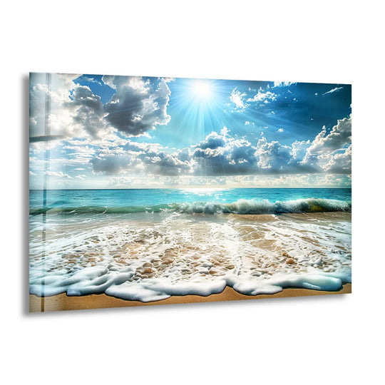 Against the sunlit ocean, the background features a dynamic sky with bright sun rays piercing through fluffy clouds, enhancing this captivating glass art painting.