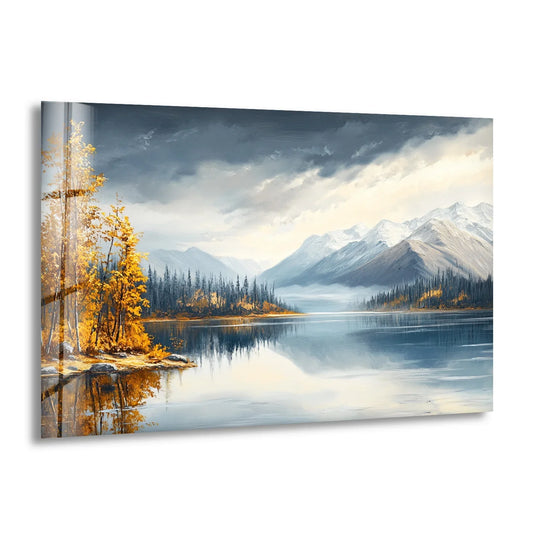 Hazy atmospheric clouds create the softest element in this snow-capped mountains and autumn trees glass wall art, exemplifying best glass art.