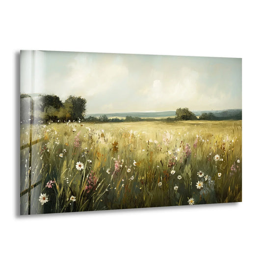Peaceful, soft sunshine evokes a calm mood in the golden wildflower field hanging wall art, bringing a serene touch to any room.
