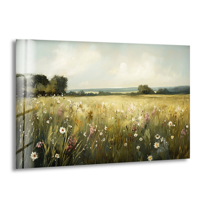 Golden Meadow Breeze – Wildflower Field in Soft Sunshine Glass Wall Art