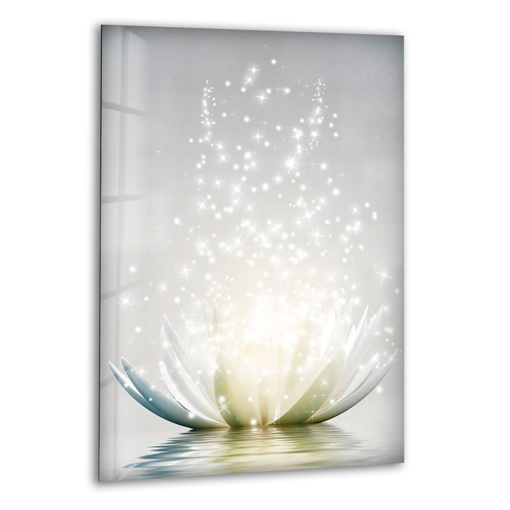 Leuchtende Lotusblüte – Funkelnd weiße Glaswandkunst