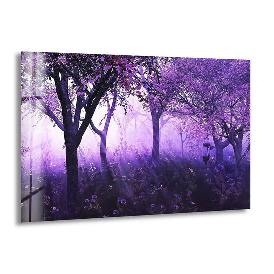 Horizontal rectangular glass wall artwork shows an enchanted trees scene from the Mystic Purple Forest in lavender light.