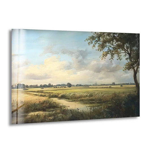 The high-quality glass wall art decor showcasing the 'Golden Meadow Horizon' landscape art brings a durable and reflective finish to this pastoral scene.