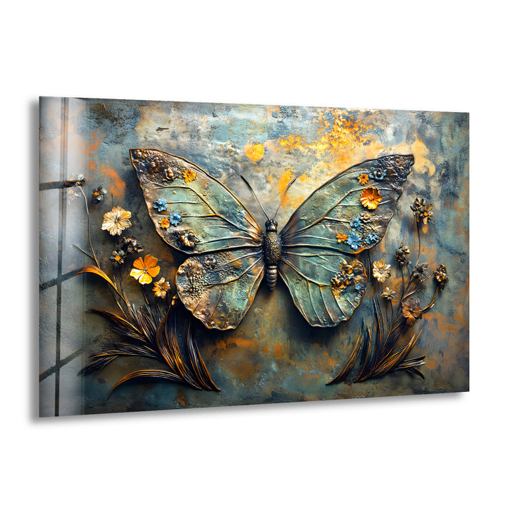 Blühende Flügel – Metallischer Schmetterling mit floralen Akzenten, Glaswandkunst