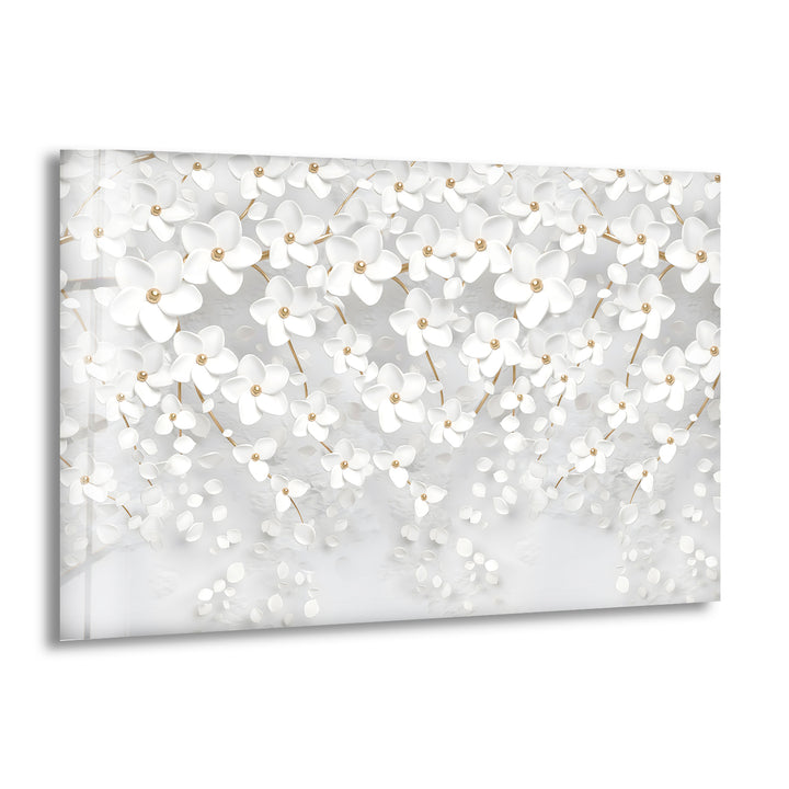 White Blossom Serenity – Elegant Floral Glass Wall Art