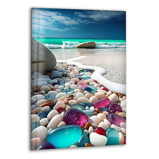 Tropical Pebble Shoreline – Crystal Jewel Tones Glass Wall Art - MyPhotoStation