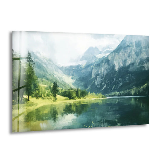 Low color saturation highlights the muted, cool tones of the alpine lake and mountain range in this serene landscape tempered glass wall art.