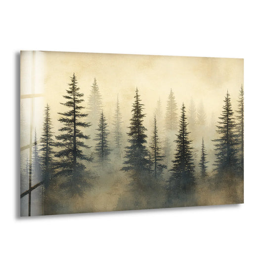 Shadows accentuate the misty forest scene's depth in this glass wall art, where golden light creates a tranquil home decoration focal point.