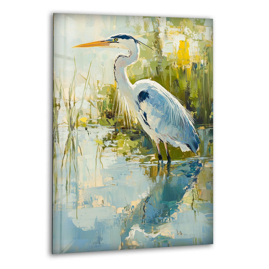 Graceful Heron at the Waterside – Serene Nature Glass Wall Art - MyPhotoStation