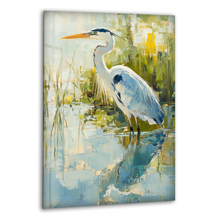 Anmutiger Reiher am Wasser – Ruhige Natur Glaswandkunst