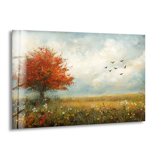 Visual rhythm is created through the repeated floral patterns in this Golden Meadow Breeze landscape art from glass featuring a red tree and open sky.