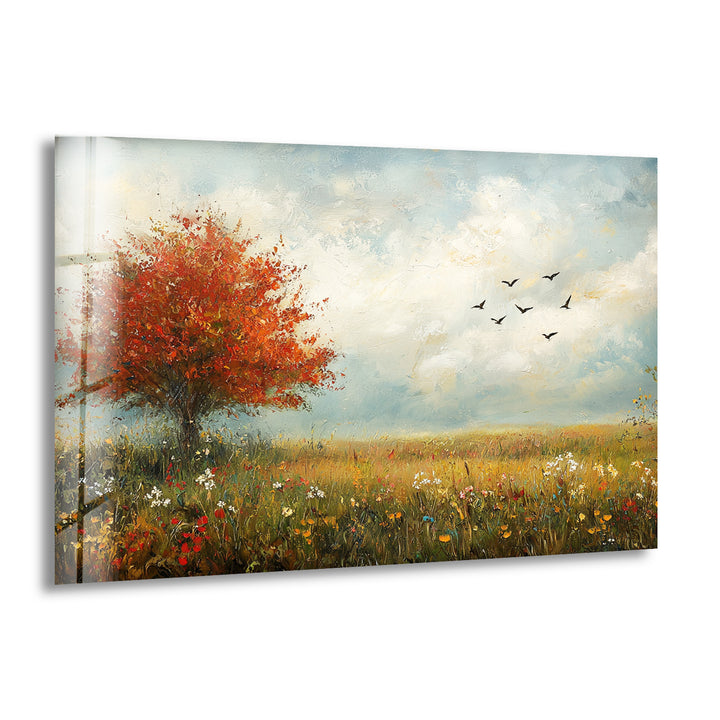 Golden Meadow Breeze – Red Tree in Bloom Glass Wall Art