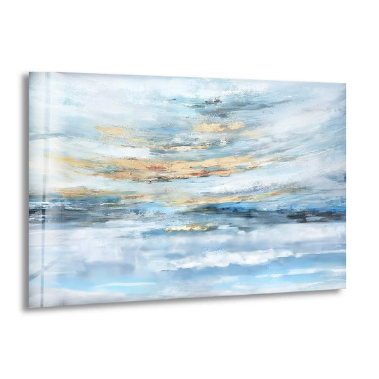 Contrasting light blues with warmer beige tones, this abstract glass wall art offers a tranquil seascape horizon, perfect for home decoration.