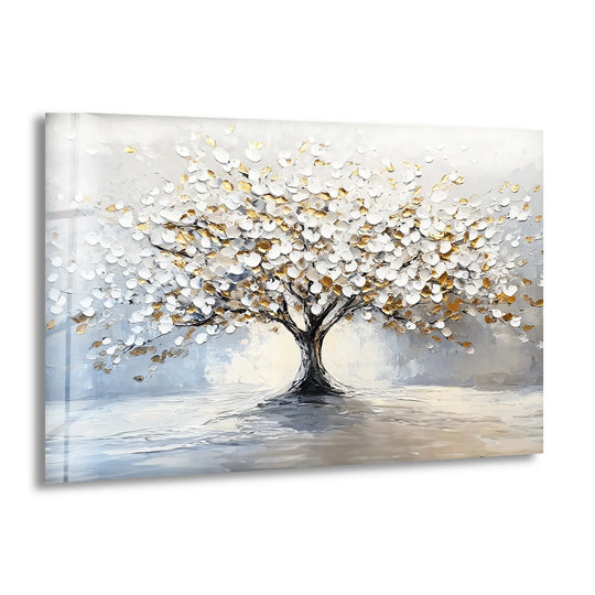 Depth and layers define this golden blossom tree glass wall artwork with elegant white and gold textured leaves creating a visually stunning, dimensional effect.