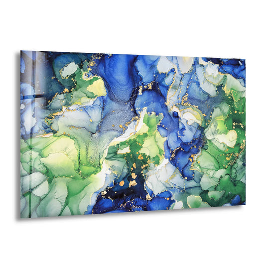 Deep navy blue currents flow through this abstract glass art with hints of gold.
