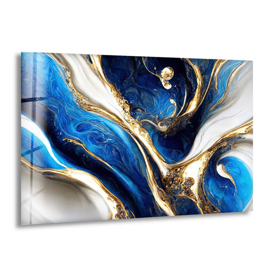 Swirling navy, white, and gold currents create a dynamic visual rhythm in this luxurious glass art.