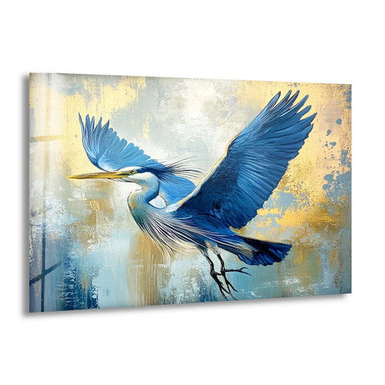 An abstract blue heron canvas painting soars through golden and azure washes of color, evoking a sense of dynamic motion.