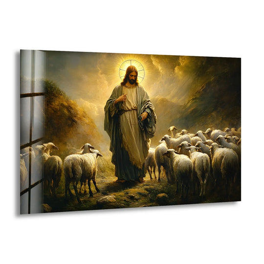 Dominant warm golden tones illuminate Jesus as the Good Shepherd with his flock, showcasing unique modern wall decor in this religious glass wall art piece.